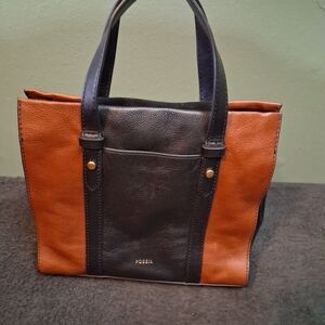 NWOT Fossil Two-Tone Leather Tote in Black and Brown